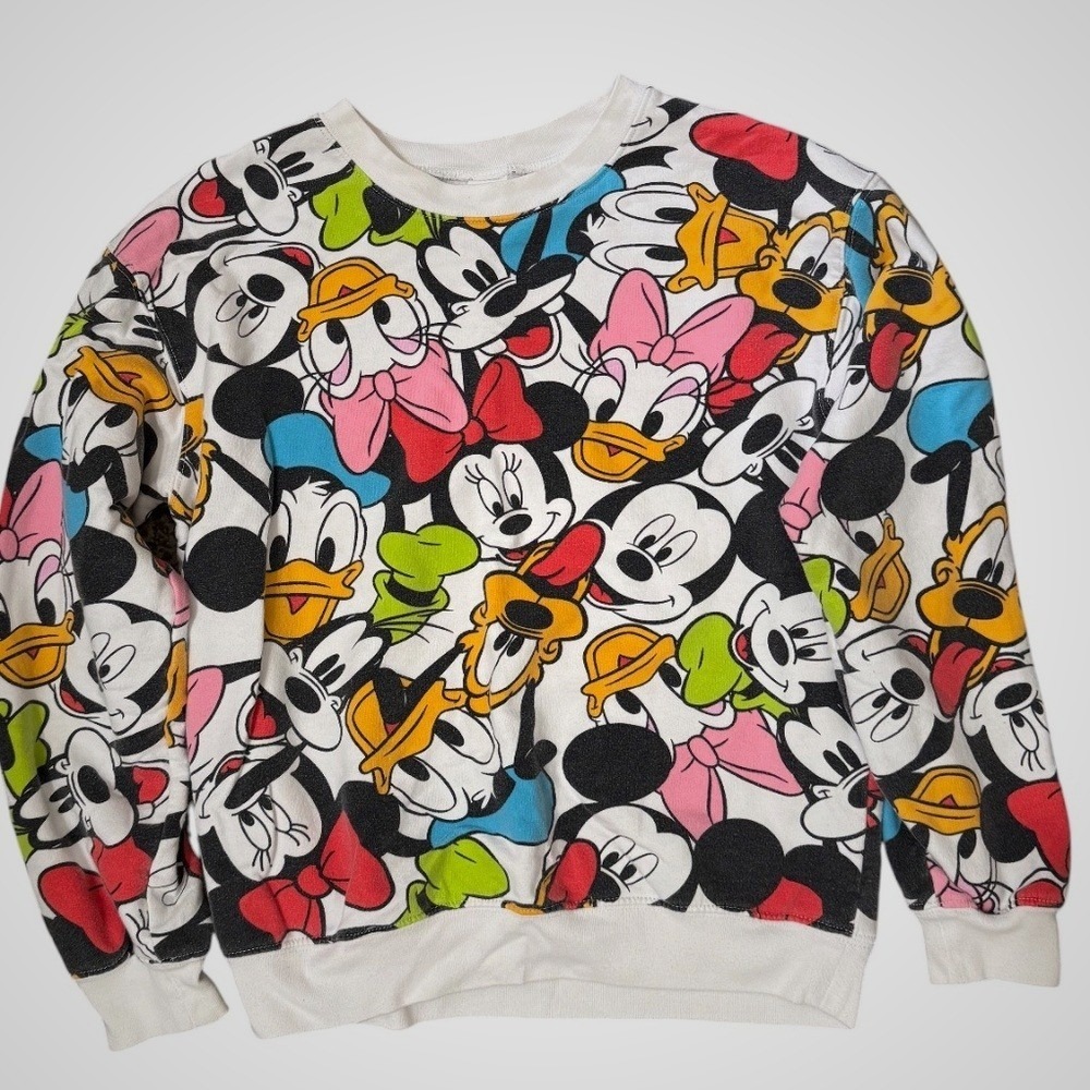 Disney Mickey and Friends All Over Print Sweatshirt White Multi Crewneck‎ M 7-9